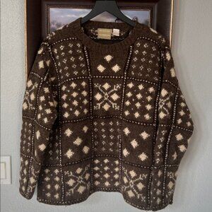 LIZ CLAIBORNE 90s Hand-Knitted Shetland Wool Nordic Sweater Brown Cream L